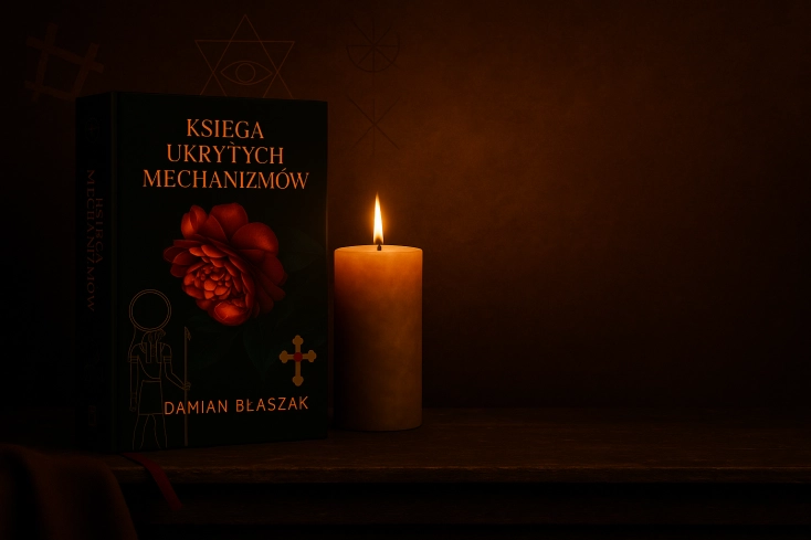Ebook Księga Ukrytych Mechanizmów – Damian Błaszak, MysticRoots Publishing Wrocław, Ridero, okładka z czerwoną różą i symbolami hermetycznymi