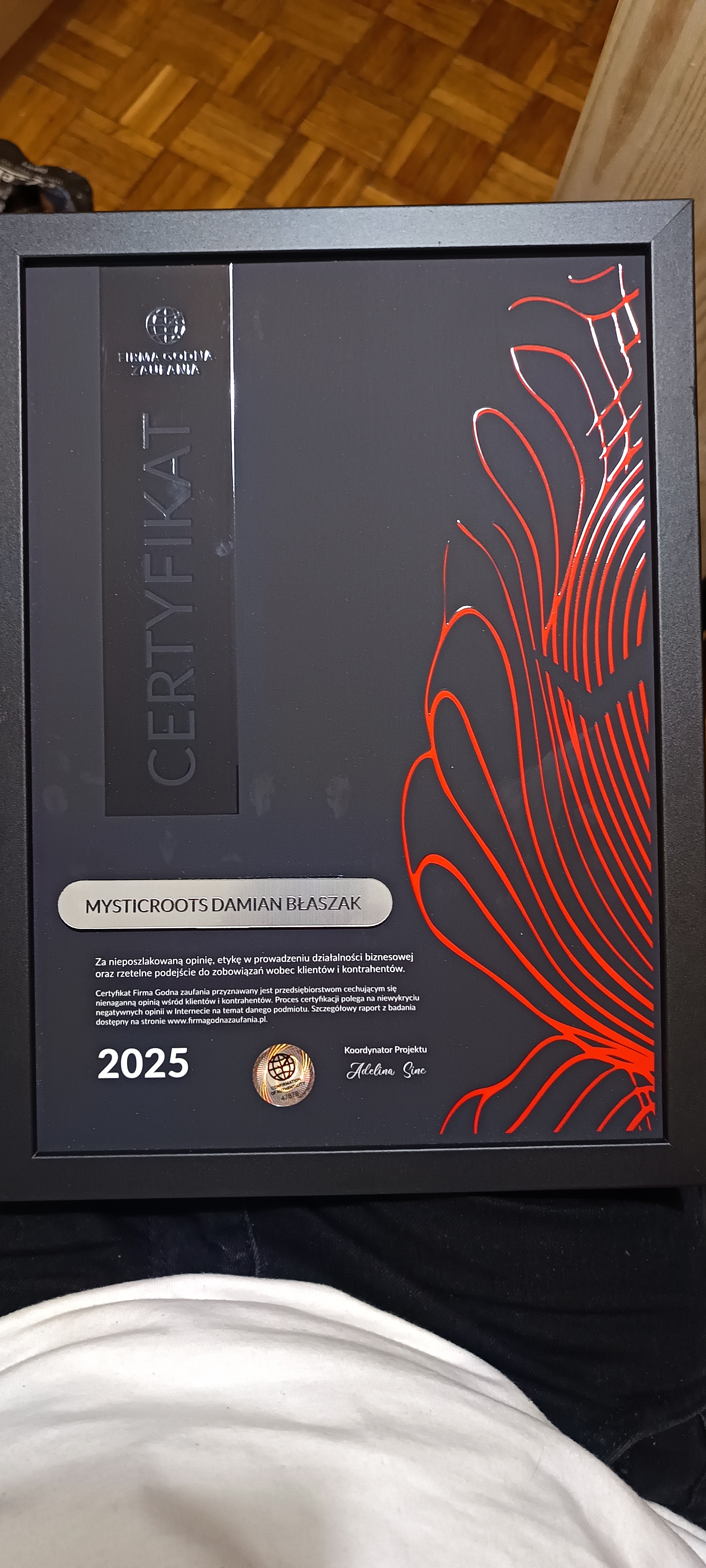 Alt: Certyfikat MysticRoots Damian Błaszak – Firma Godna Zaufania 2025, nagroda za rzetelność i uczciwość
