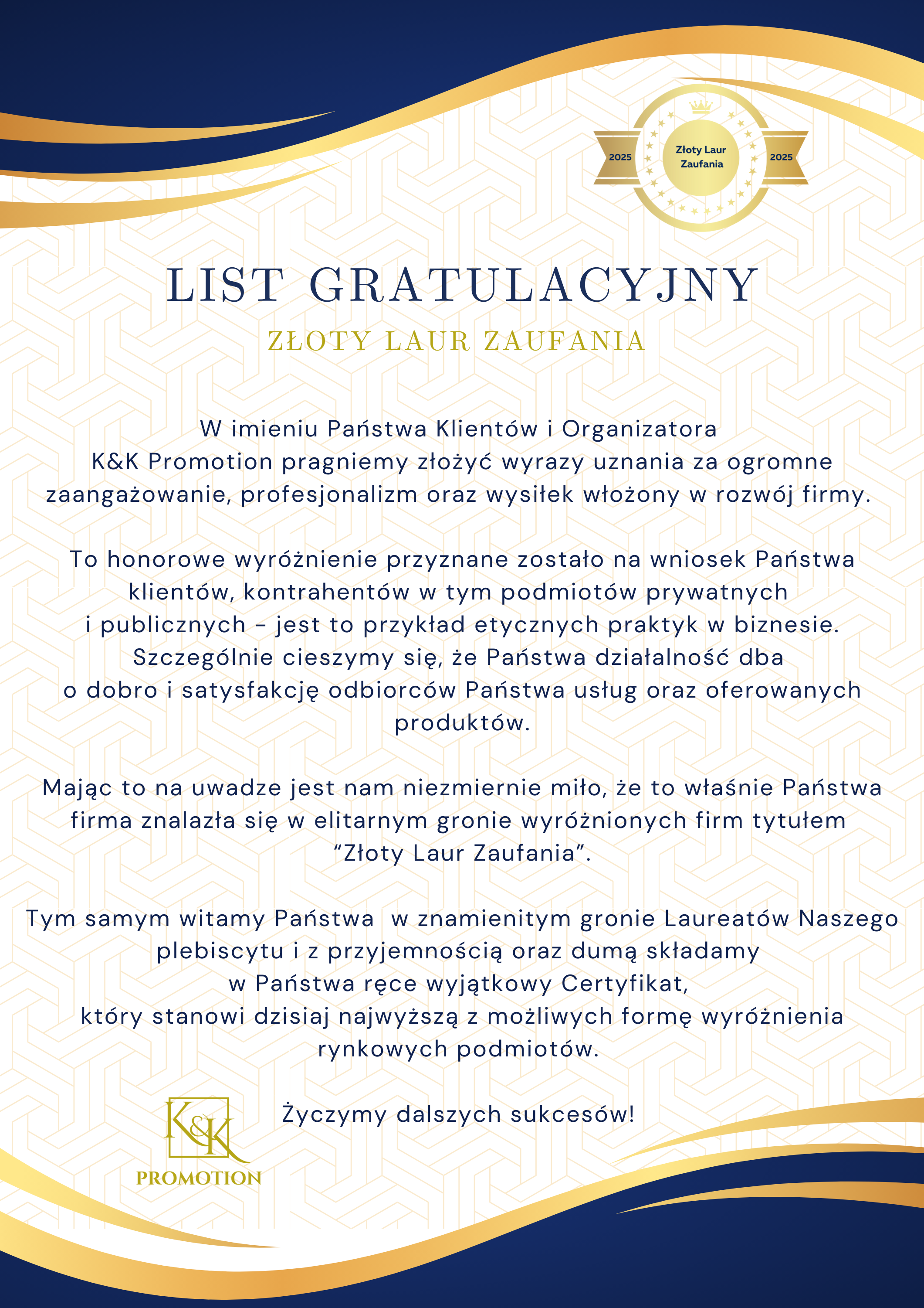 Złoty Laur Zaufania 2025 – MysticRoots Damian Błaszak, certyfikat i list gratulacyjny za profesjonalizm i zaangażowanie